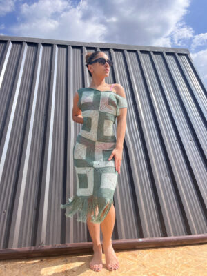 Zomerjurk van gehaakt Italiaanse viscose S-M Groen-Grijs