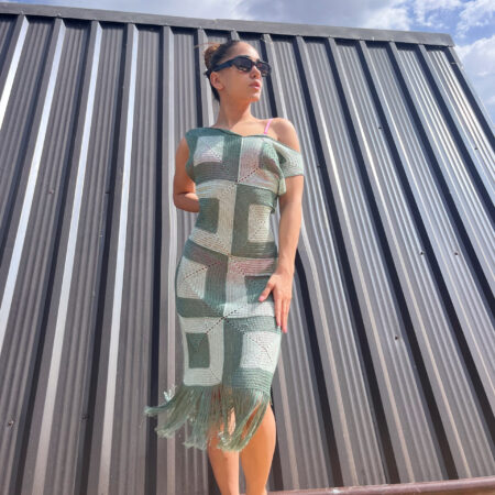 Zomerjurk van gehaakt Italiaanse viscose S-M Groen-Grijs