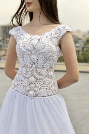 Trouwjurk met Ierse kant van viscosemix - Wit (M-L)