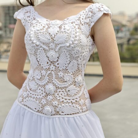 Trouwjurk met Ierse kant van viscosemix - Wit (M-L)