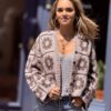 Cardigan Bloemen van Handgemaakte 80 % Wol 20% Pa - Crème Bruin