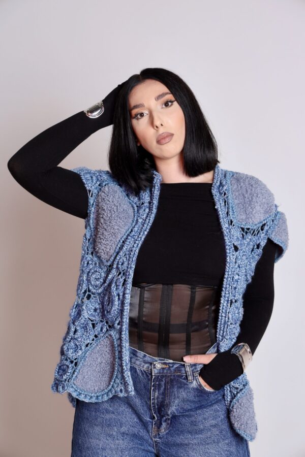 Unieke Crochet Jas  mouwloos Ierse kant - Grijsblauw Kleur (M-L)