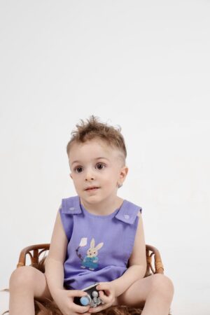 Kinderen Rompertje Van Linnen en Katoen Handmade Borduurwerk Konijn 1-2 jaar