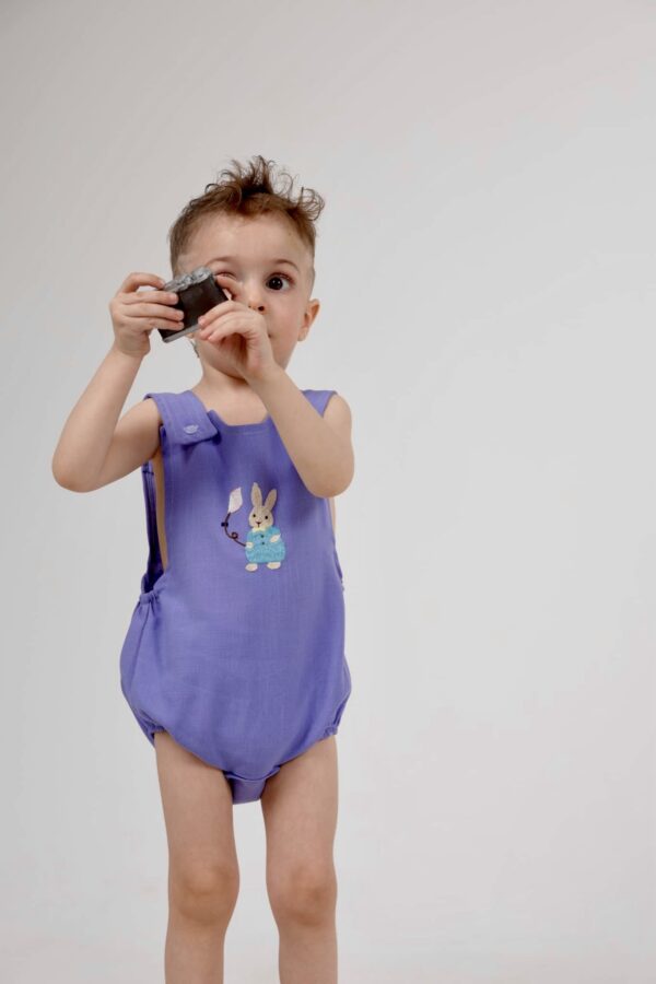 Kinderen Rompertje Van Linnen en Katoen Handmade Borduurwerk Konijn 1-2 jaar