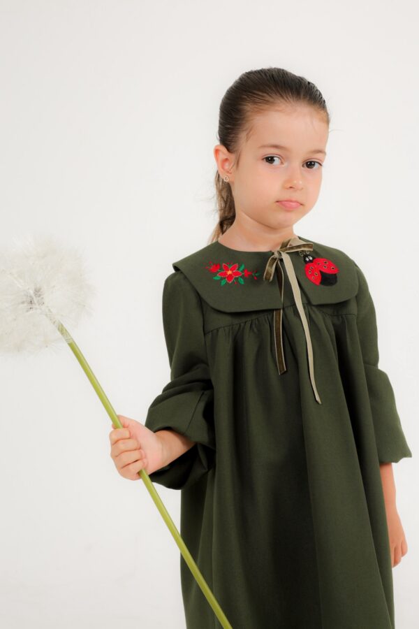 Kinderjurk met Handmade borduurwerk Bloemen & Lieveheersbeestje    (5-6 jaar) Handmade