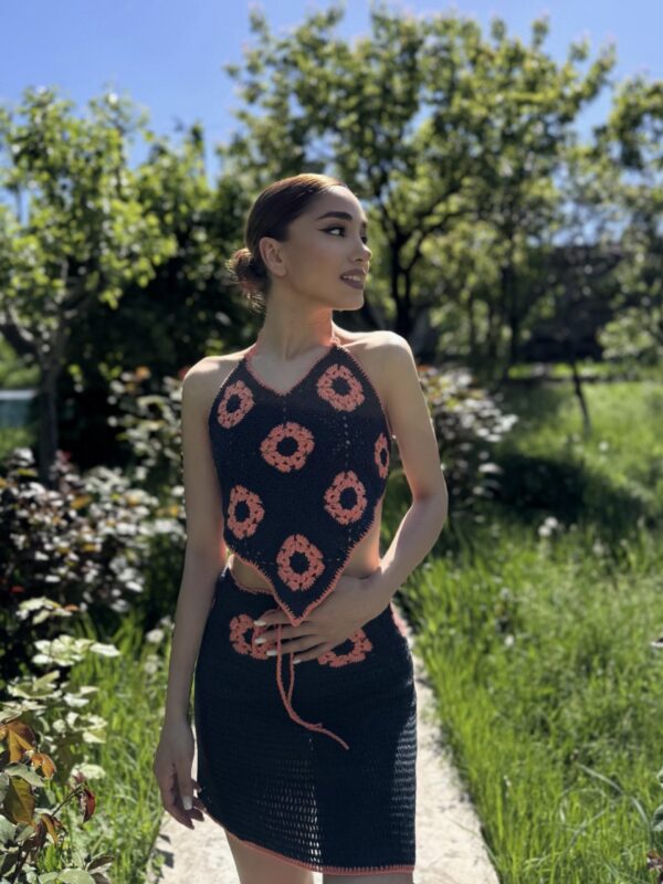 Beach set: top en rokje in gehaakte stijl - Roze -Donker blouw