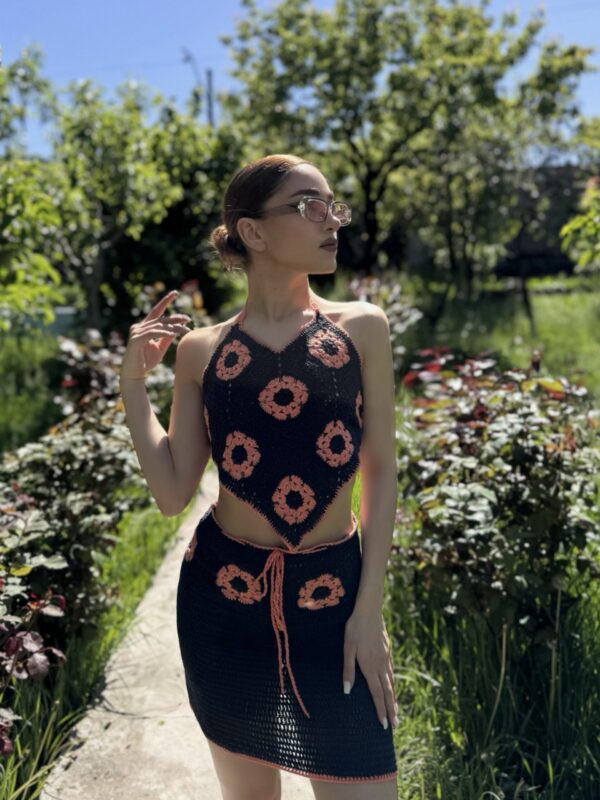 Beach set: top en rokje in gehaakte stijl - Roze -Donker blouw