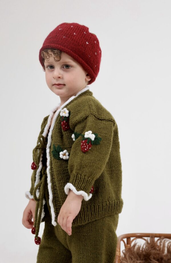 Kinderen Set Vest en Broek Aardbeien 80% wol  en 20% alpaca - Groen  ( 2-4 jaar)