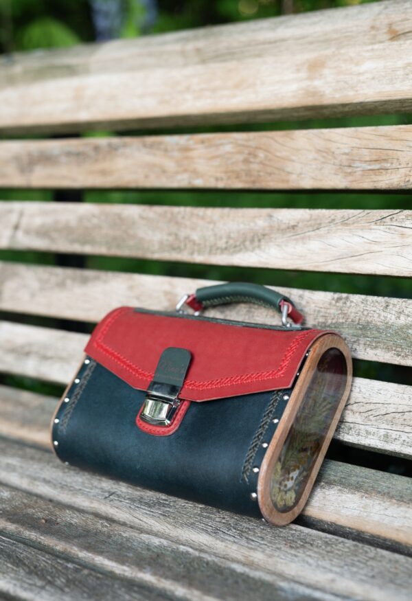Leer Unieke Tas met Walnoten Hout Combinatie met Bergen bloemen  Handmade