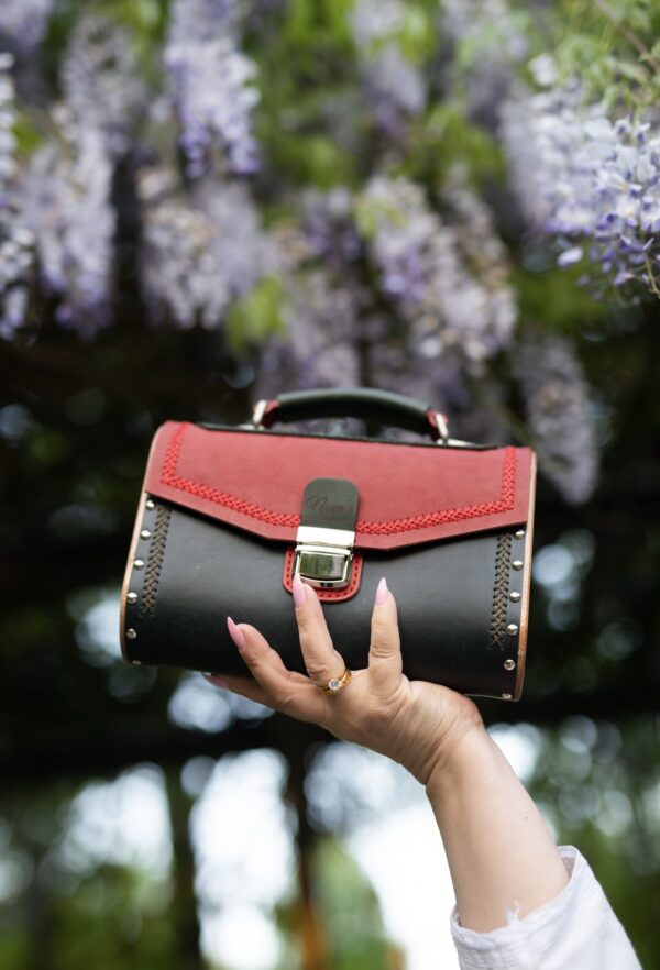 Leer Unieke Tas met Walnoten Hout Combinatie met Bergen bloemen  Handmade