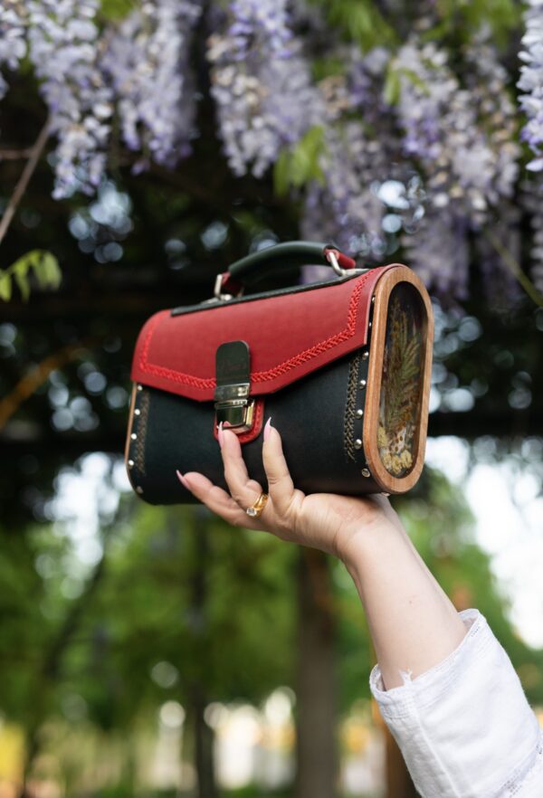 Leer Unieke Tas met Walnoten Hout Combinatie met Bergen bloemen  Handmade