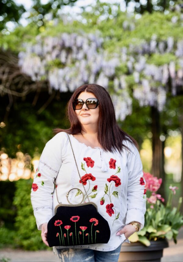 Stijlvol Unieke Tas Klaprozen Handmade Suède & Borduurwerk