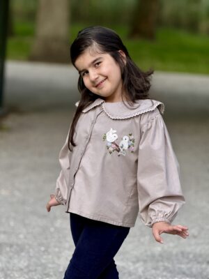 Kinder  Overhemd met Vogels Borduurwerk Bio Katoen  (5-6 jaar) Handmade