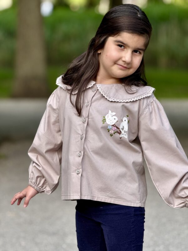 Kinder  Overhemd met Vogels Borduurwerk Bio Katoen  (5-6 jaar) Handmade