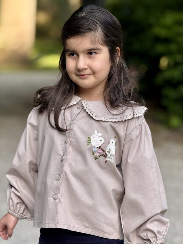 Kinder  Overhemd met Vogels Borduurwerk Bio Katoen  (5-6 jaar) Handmade