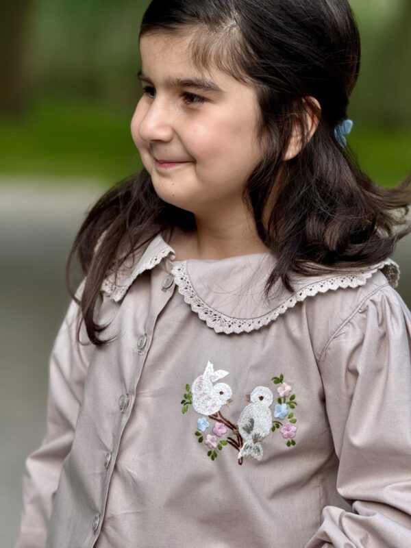 Kinder  Overhemd met Vogels Borduurwerk Bio Katoen  (5-6 jaar) Handmade