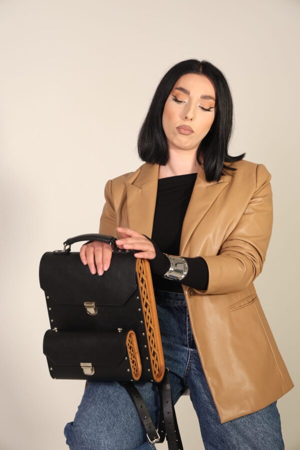 Exclusief   Unieke Rugzak Combinatie met Walnoot houten Handmade