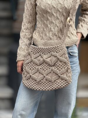 Exclusief  Handmade  schouder Tas Macramé Crème Kleur