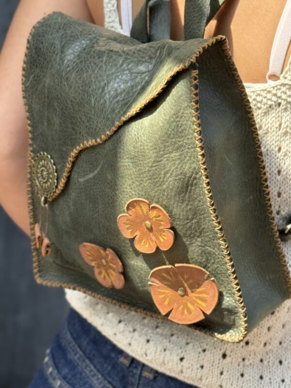 Exclusief Unieke Leer  Rugzak met Bloemetjes (Handmade)