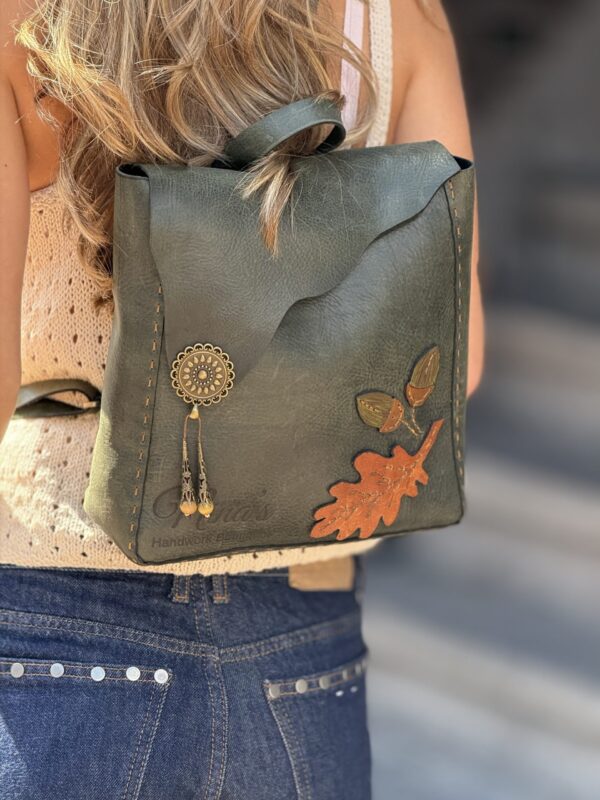 Exclusief Unieke Leer  Rugzak met Herfstblad    (Handmade)