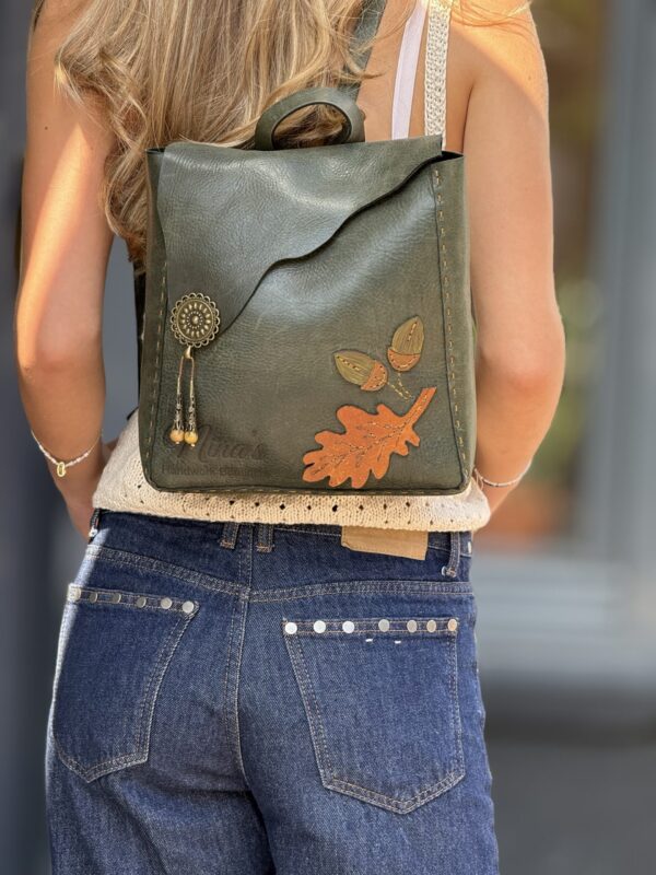 Exclusief Unieke Leer  Rugzak met Herfstblad    (Handmade)