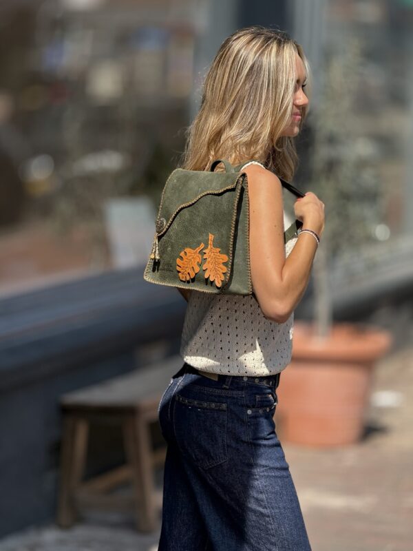 Exclusief Unieke Leer  Rugzak met Herfstbladeren  (Handmade)