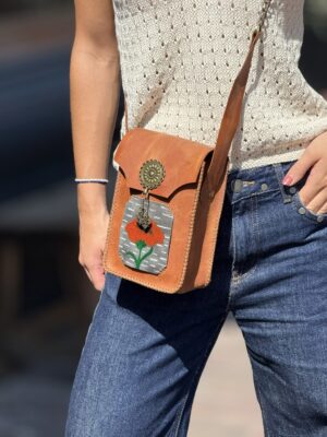 Unieke Leer  Tas met Hand geschilderd Klaproos   (Handmade)