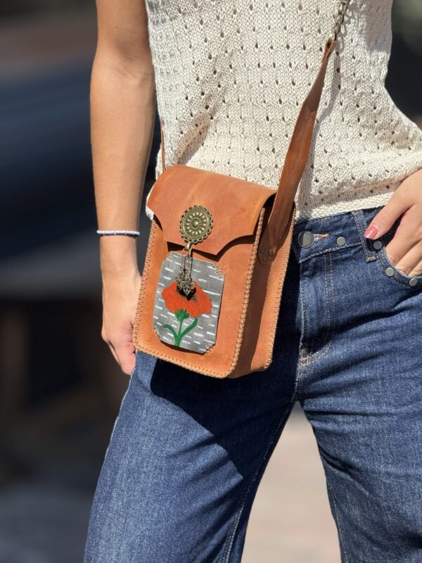 Unieke Leer  Tas met Hand geschilderd Klaproos   (Handmade)