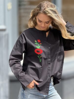 Overhemd met  Klaprozen  Borduurwerk  Zwart  Kleur ( S-M) Handmade