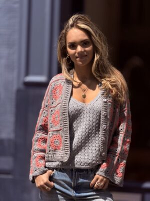 Cardigan Bloemen van Handgemaakte 70% Wol 30% Katoen - Grijs Roze