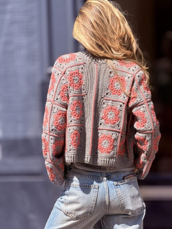 Cardigan Bloemen van Handgemaakte 70% Wol 30% Katoen - Roze Grijs