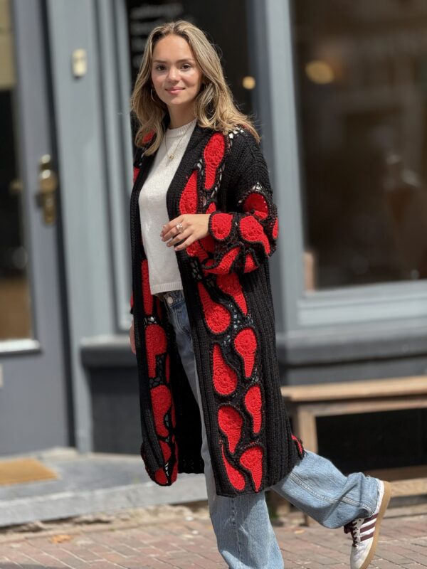 img_8749 Cardigan Ierse Kant van Handgemaakte 100% Italiaanse Wol
Zwart-Rood