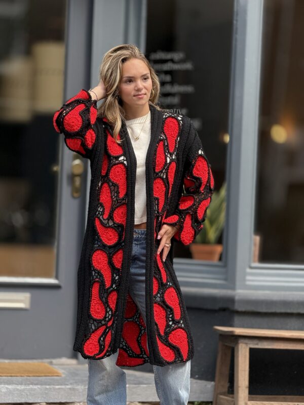 img_8753 Cardigan Ierse Kant van Handgemaakte 100% Italiaanse Wol
Zwart-Rood