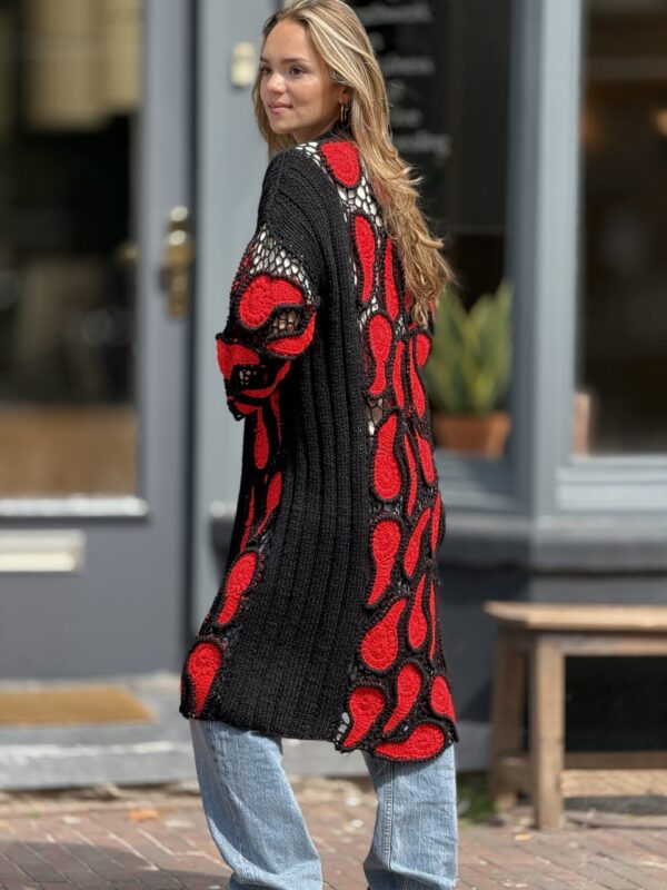 img_8755 Cardigan Ierse Kant van Handgemaakte 100% Italiaanse Wol
Zwart-Rood