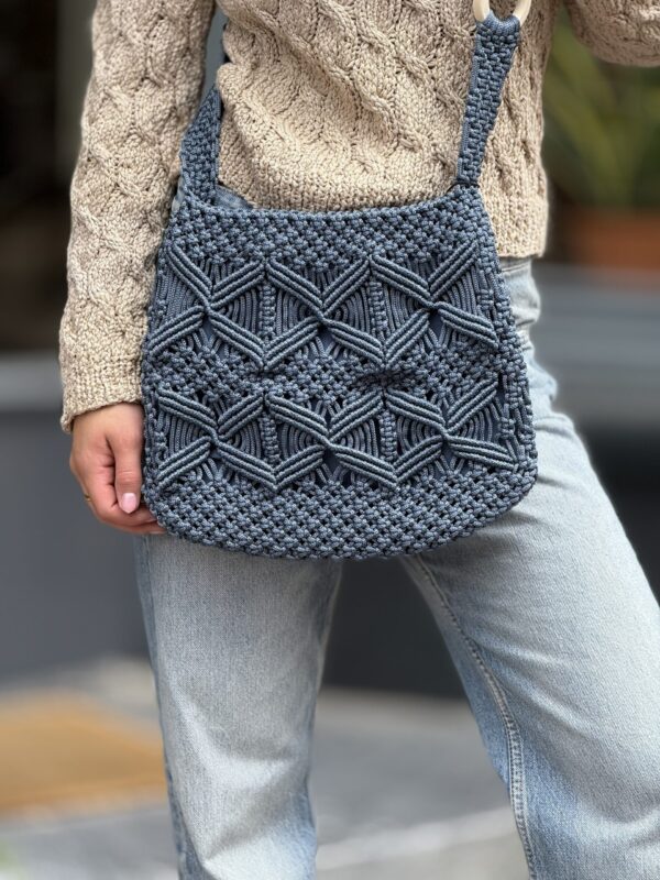 Exclusief  Handmade  schouder Tas Macramé Grijs-Blauw Kleur