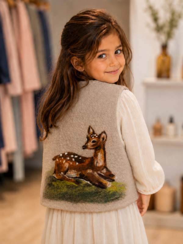 2e0bc8ed-179a-4b84-827d-5813ad30fce9 Handgemaakte Gilet Merinowol Vilt Kleding voor Kinderen | Luxe & Ambacht Leftijd 4-5 jaar Bambi