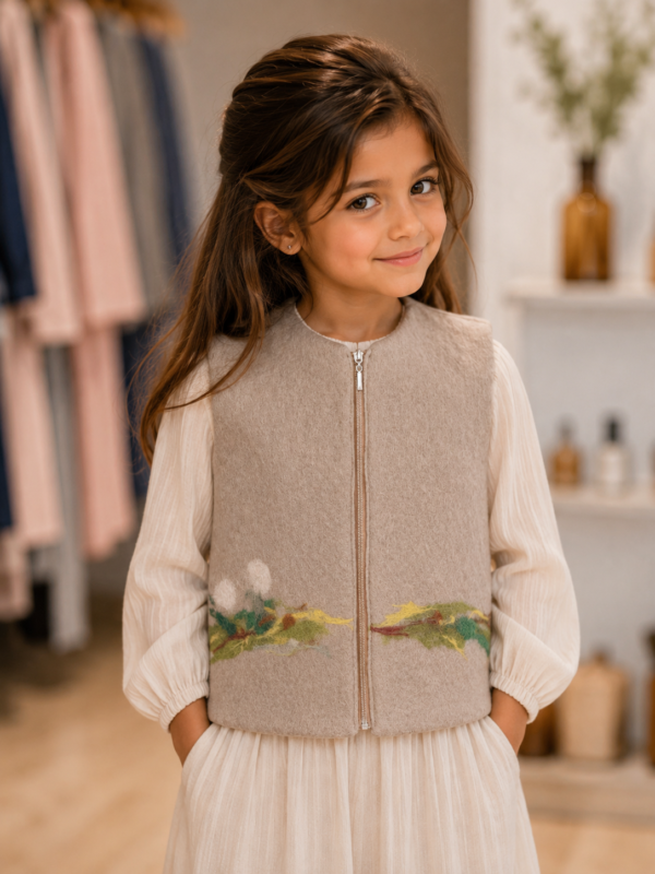 a0156b69-5f09-4f95-bd2b-cb82802dfebf Handgemaakte Gilet Merinowol Vilt Kleding voor Kinderen | Luxe & Ambacht Leftijd 4-5 jaar Bambi
