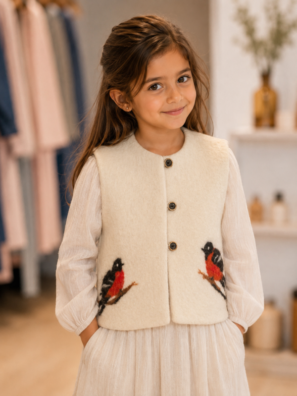 Handgemaakte  Gilet Merinowol  Vilt Kleding voor Kinderen | Luxe & Ambacht Leftijd 2-3 jaar  Vilt Vogels