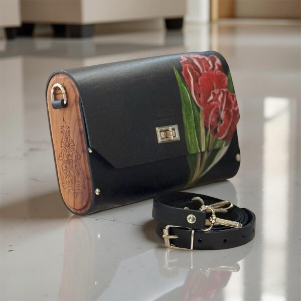 Exclusieve Luxe Leren Tas met Natuurlijk Hout  – Handgemaakt & Limited Editio Tas Tulp  Rood Amsterdam