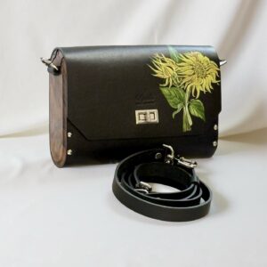 Luxe Leren Designer Tas – Handgeschilderd met Zonnebloemen van Leonardo da Vinci & Ebbenhout Details | Exclusieve Kunsttas