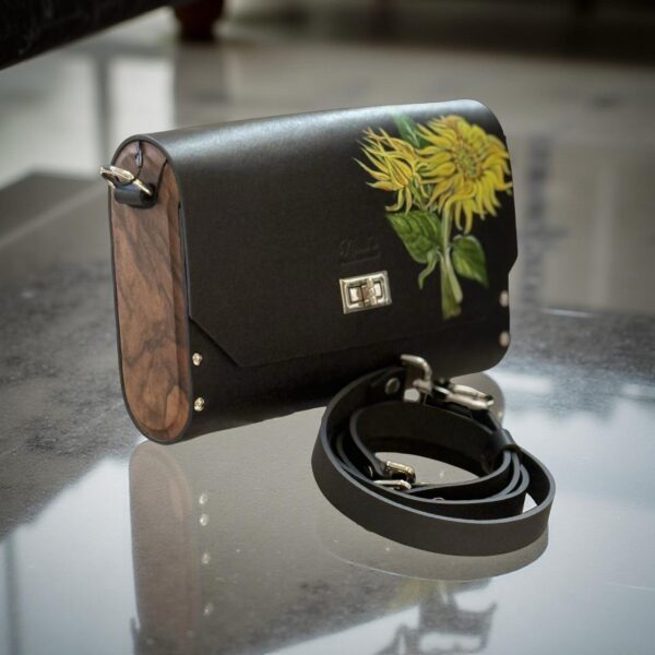 Luxe Leren Designer Tas – Handgeschilderd met Zonnebloemen van Leonardo da Vinci & Ebbenhout Details | Exclusieve Kunsttas