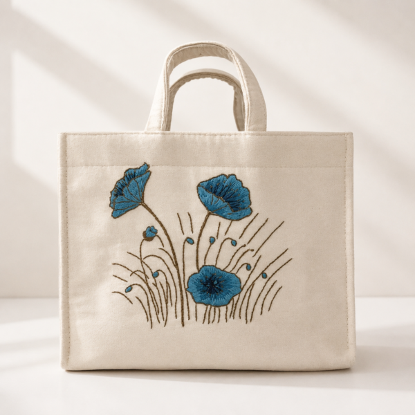 Handmade Embroidered Canvas Tote Bag, Hand Embroidery Floral Bag, Blue Poppy Tote, Artisan Shoulder Bag, Eco Gift for Women, Unique Handcrafted Everyday Bag, Nina’s Handwork Boutique Amsterdam