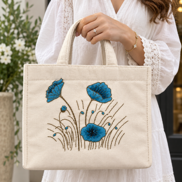 Handmade Embroidered Canvas Tote Bag, Hand Embroidery Floral Bag, Blue Poppy Tote, Artisan Shoulder Bag, Eco Gift for Women, Unique Handcrafted Everyday Bag, Nina’s Handwork Boutique Amsterdam