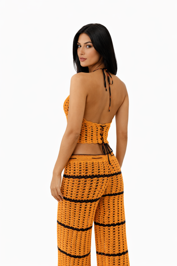 Orange Crochet Co-Ord Set for Women – Halter Top & Wide Leg Pants Summer Outfit