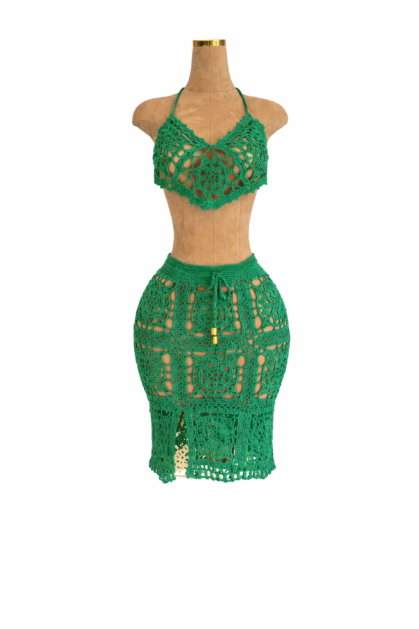 Green Crochet Two Piece Set – Handmade Boho Crop Top & Skirt Co-Ord