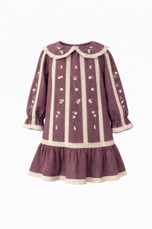 45a02127-fa09-433b-b209-92b92c7e6250-2 Handmade Linen Girls Dress – Vintage Mauve Embroidered Dress with Lace Collar