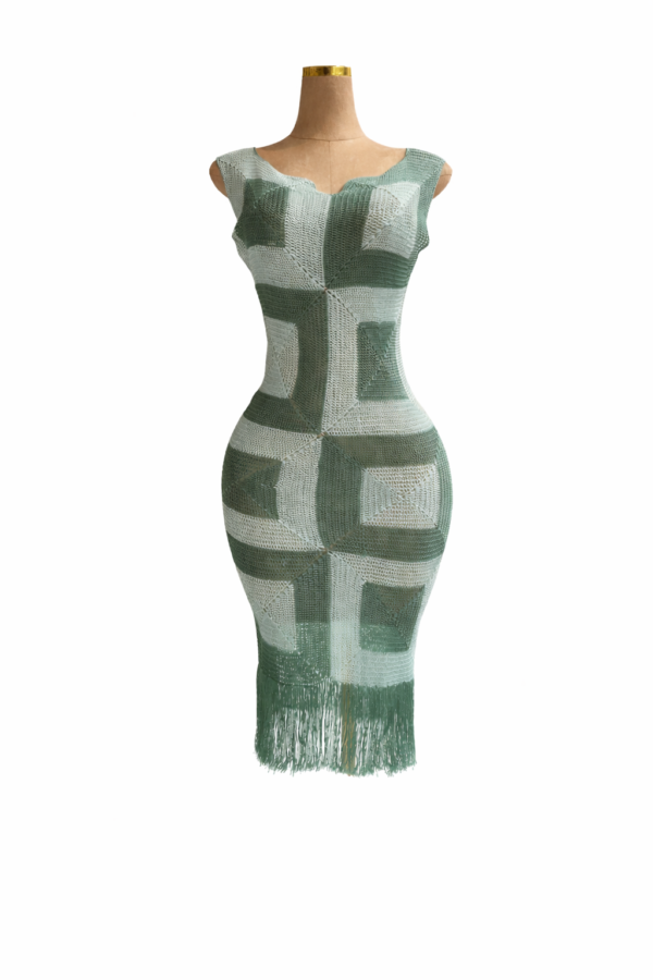 Sage Green Crochet Midi Dress with Fringe – Back Detail