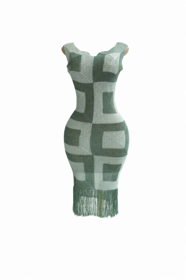Sage Green Crochet Midi Dress with Fringe – Back Detail