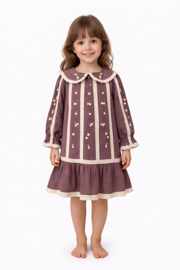 Handmade Linen Girls Dress – Vintage Mauve Embroidered Dress with Lace Collar
