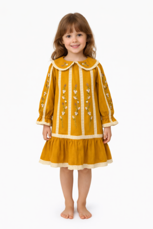 8fc14514-00be-4cb5-bd5c-44ac24dd2b58 Handmade Linen Girls Dress – Mustard Embroidered Vintage Dress with Lace Details